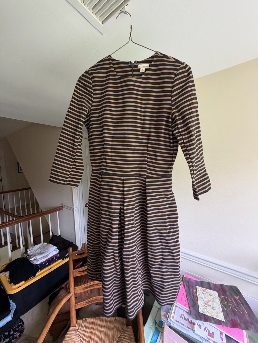 GAP Black and Tan Striped Fit-and-Flare Long Sleeve Dress